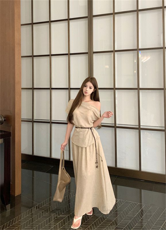 여성 린넨 오프숄더 투피스 롱 스커트 세트 루즈핏 바캉스 휴양지 비치웨어 데일리룩 봄 여름 여행패션 - 상세 이미지 3