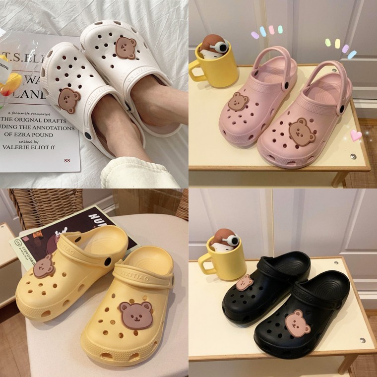 곰돌이 패치 구멍 샌들 슬리퍼 여름 물놀이 신발 샌달 여성 사무실 실내화 통굽