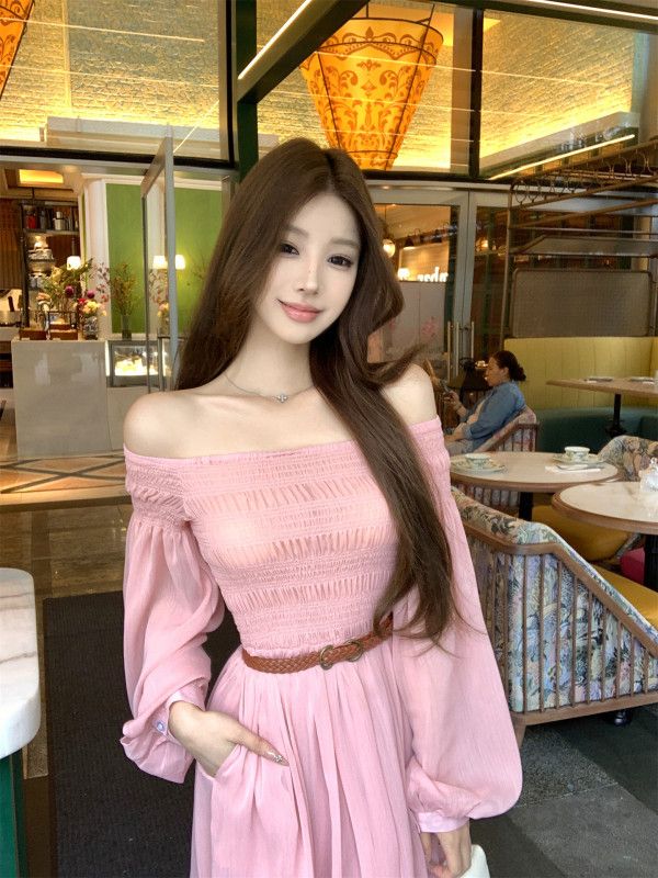 여성 투웨이 오프숄더 밴딩 셔링 A라인 롱 원피스 플리츠 긴팔 프렌치룩 하객룩 바캉스룩 봄 여름 - 상세 이미지 3