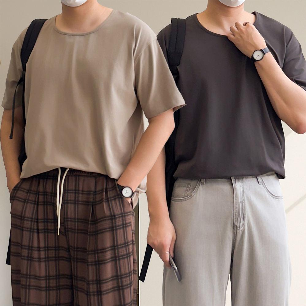 무지티 남자 유넥 쿨 오버핏 모달 반팔 티셔츠 - 상품 이미지