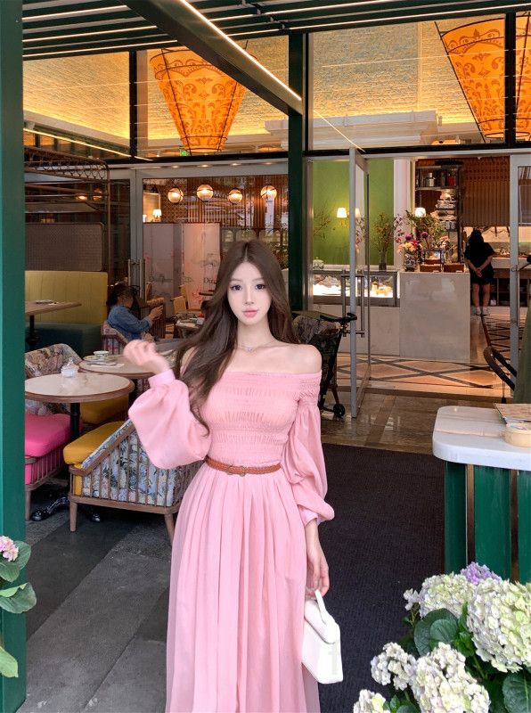 여성 투웨이 오프숄더 밴딩 셔링 A라인 롱 원피스 플리츠 긴팔 프렌치룩 하객룩 바캉스룩 봄 여름 - 상세 이미지 2