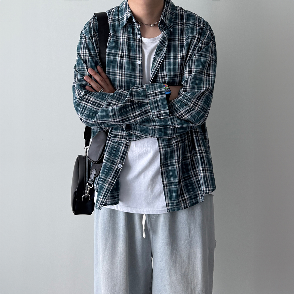 오버핏 남자체크셔츠 플란넬 시스루 여름 긴팔 남방 바캉스룩 - 상세 이미지 2