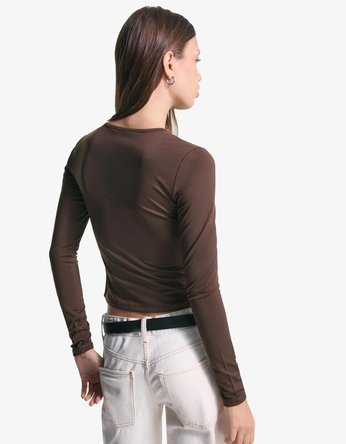 버쉬카 베이직 버튼업 크롭 긴팔 티셔츠 6969/727 BROWN - 상세 이미지 3