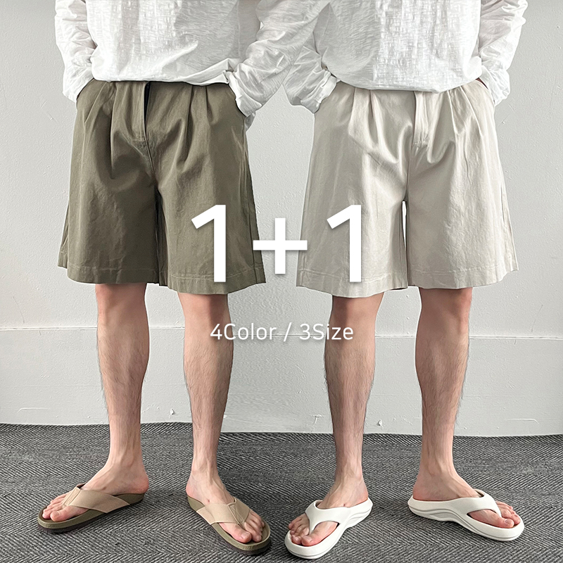 1+1 남자여름반바지 면반바지 핀턱 5부 버뮤다팬츠 - 메인 이미지