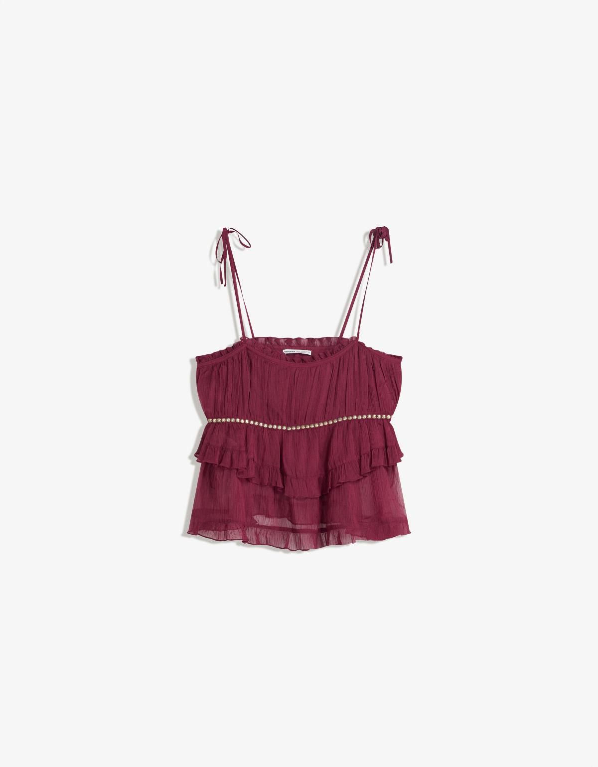 버쉬카 스터드 러플 스트랩 민소매 탑 8809/323 MAROON - 상품 이미지