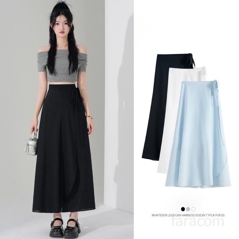 여성 하이웨스트 A라인 언발란스 롱 플레어 프릴 랩 스커트 스트랩 안감 데일리룩 시원한 봄 여름 바캉스 8572