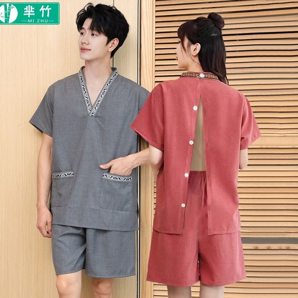 사우나 찜질방 숯가마옷 목욕탕 황토 상하의 사우나복 A. XL, A. 복지 잎 여성의 등 - 상세 이미지 2