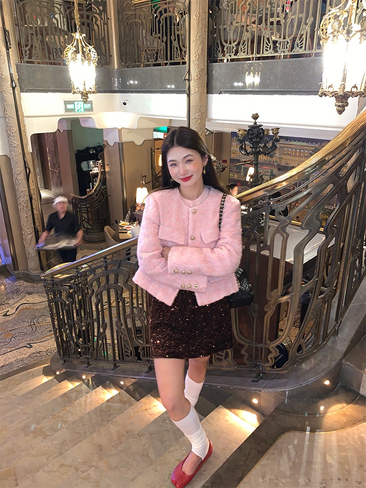 벨벳 스팽글 미디스커트 밴딩 가을겨울 A라인 빈티지 힙한 유니크 디자인 고급소재 브라운 - 상세 이미지 5