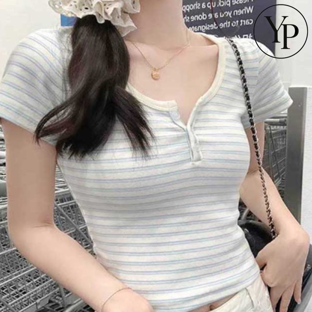 스트라이프 슬림 반팔 티셔츠 크롭 슬림핏 데일리 U넥 여름 캐주얼 코디 패션 - 상품 이미지