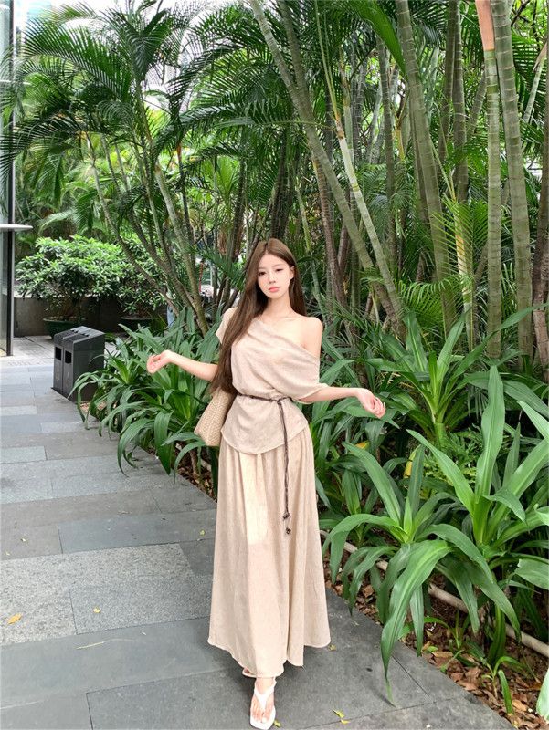 여성 린넨 오프숄더 투피스 롱 스커트 세트 루즈핏 바캉스 휴양지 비치웨어 데일리룩 봄 여름 여행패션 - 상세 이미지 2