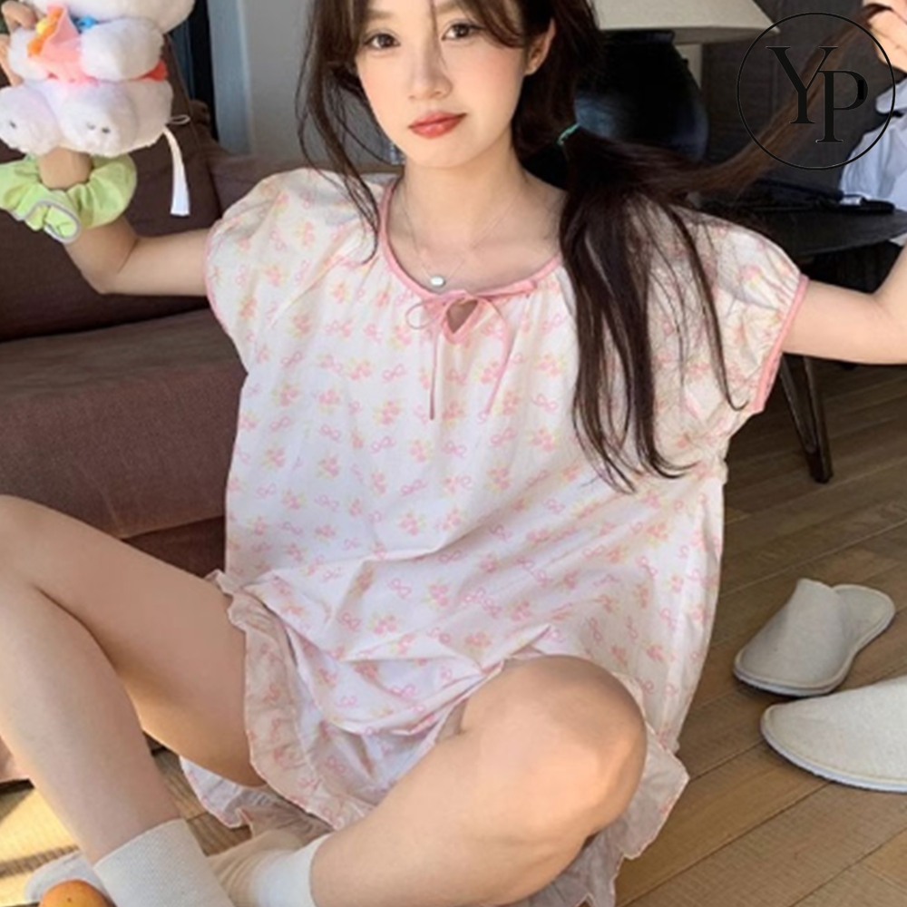 핑크리본 여름 잠옷 세트 상하의 매듭리본 파자마 홈웨어 귀여운 통기성 파자마 - 상품 이미지