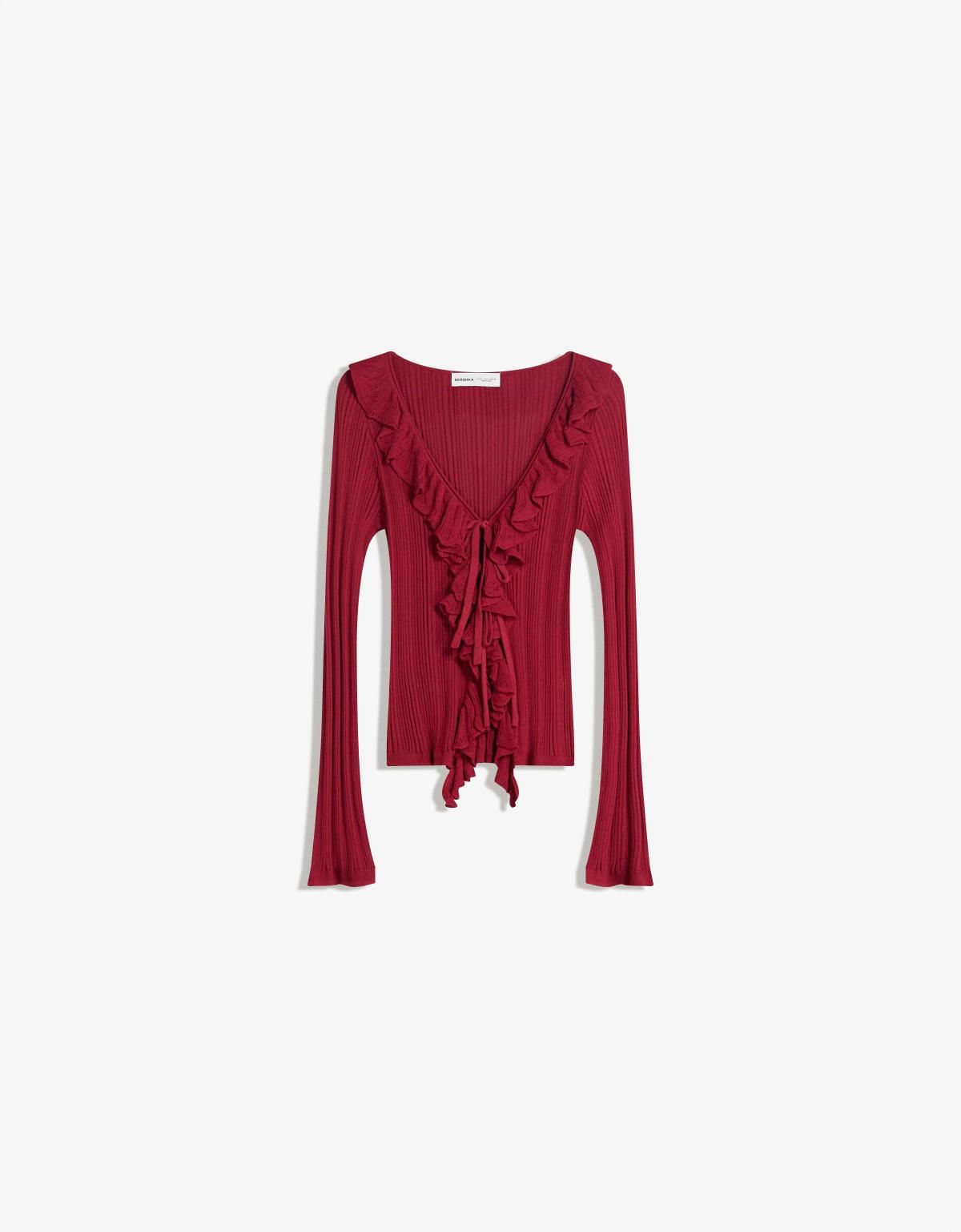 버쉬카 러플 리본 브이넥 롱슬리브 가디건 6988/693 BURGUNDY - 상세 이미지 5