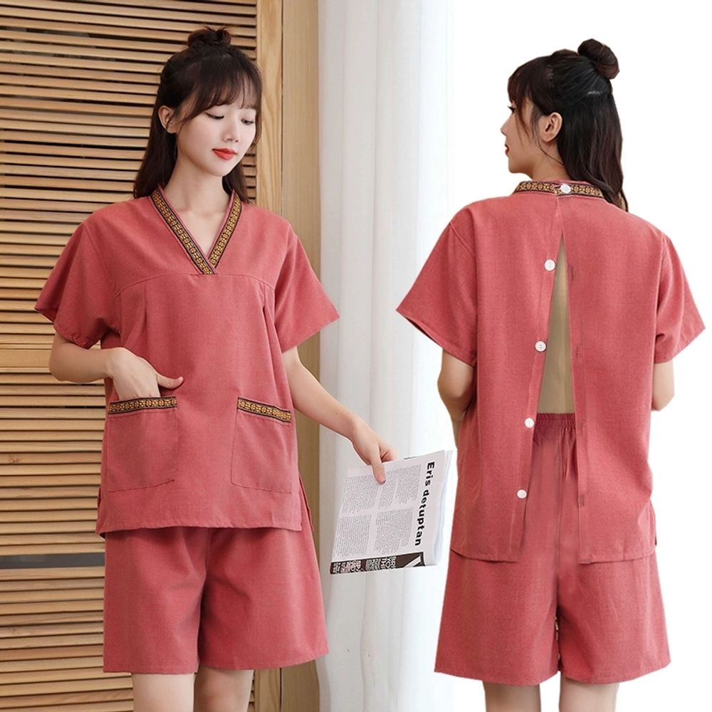사우나 찜질방 숯가마옷 목욕탕 황토 상하의 사우나복 A. XL, A. 복지 잎 여성의 등 - 상세 이미지 3