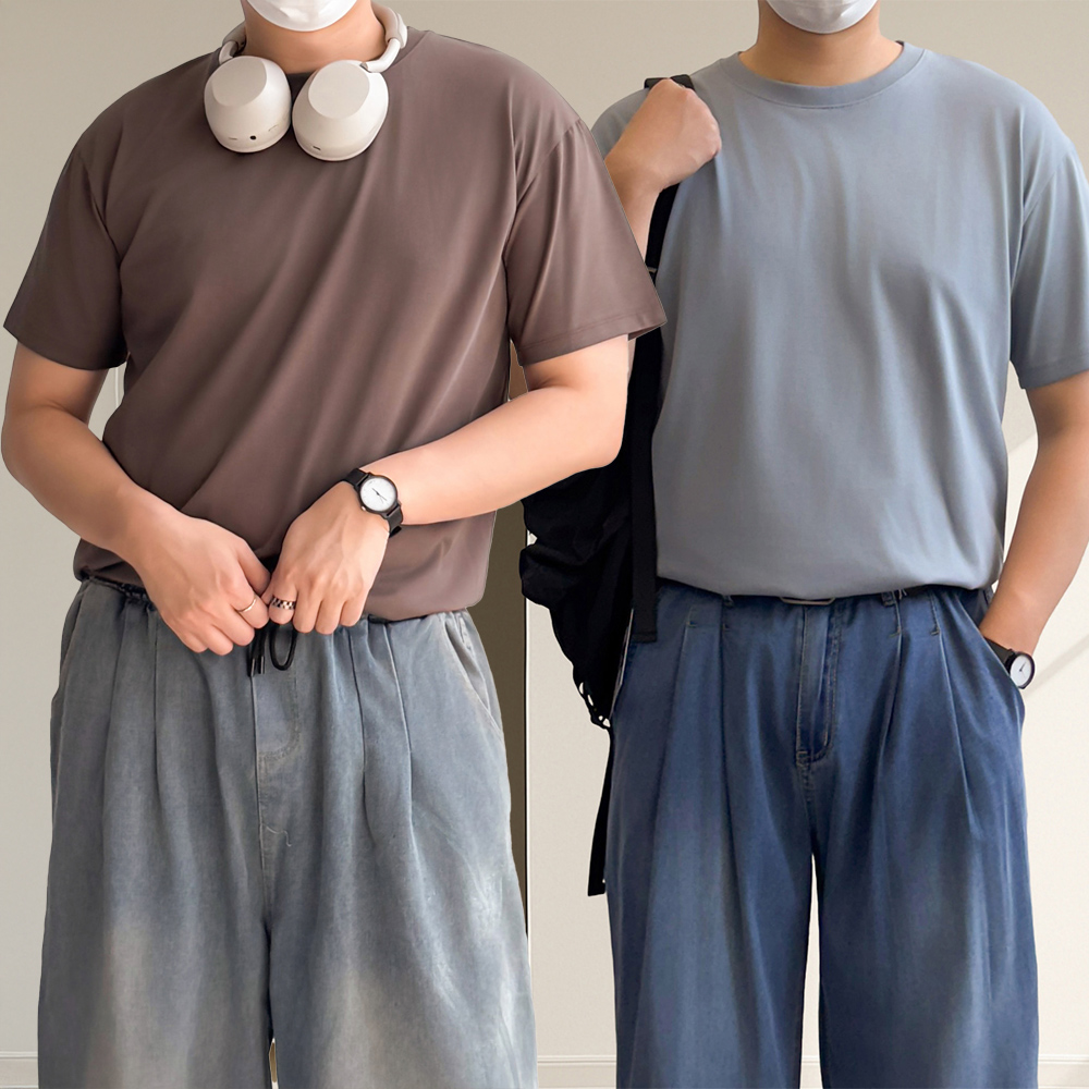 1+1 쿨링티셔츠 수피마 오버핏 목안늘어나는 비침없는 무지 반팔티 - 상품 이미지