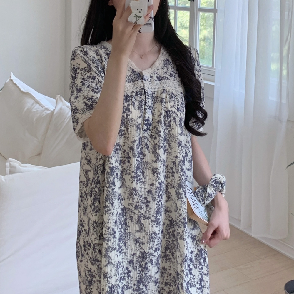 요루면잠옷 여름원피스잠옷 실내복 뜨왈 순면 반팔 홈웨어 - 상세 이미지 5