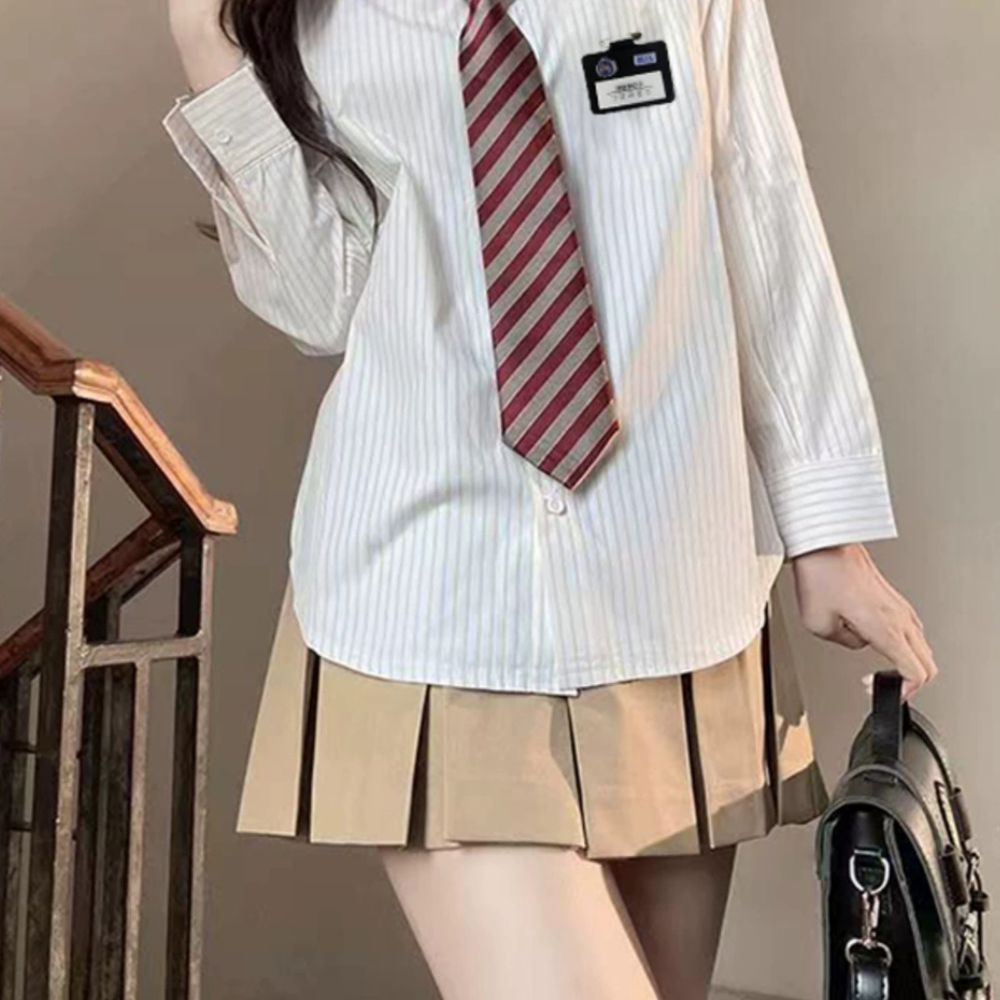 미국 하이틴 교복 프레피 미국하 A. 4종 세트 청백색 줄무늬 긴팔 셔츠 검, A. XS - 상세 이미지 5
