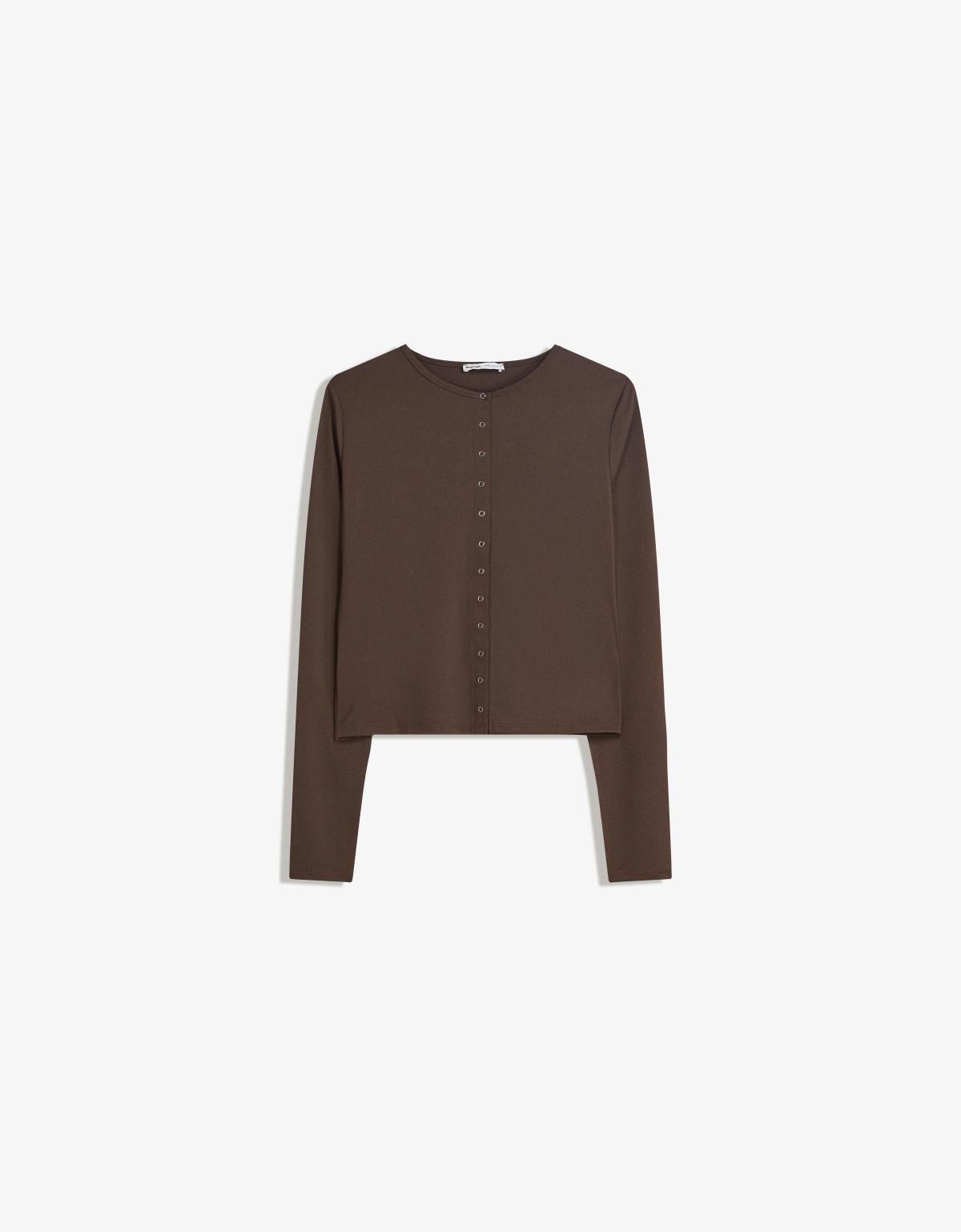 버쉬카 베이직 버튼업 크롭 긴팔 티셔츠 6969/727 BROWN - 상품 이미지