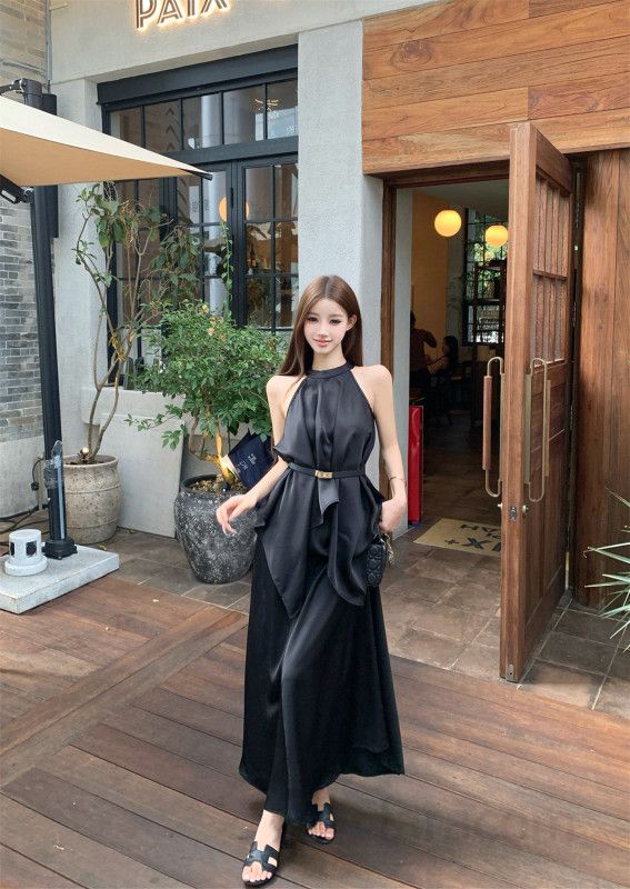 여성 홀터넥 민소매 페플럼 상의 롱스커트 투피스 세트 하객룩 오피스룩 데이트룩 트리아세테이트 사계절 - 상세 이미지 4