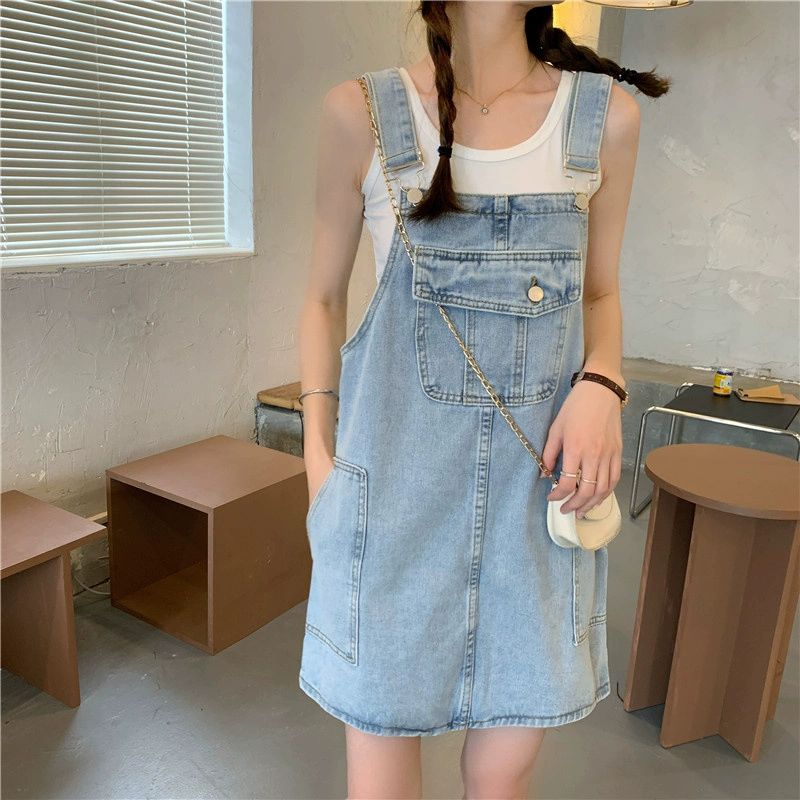 멜빵청치마 데님 여성 캐주얼청치마 트임 루즈핏 데일리 블루 - 상세 이미지 3