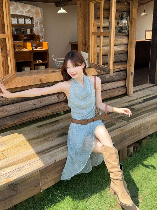 여성 홀터넥 스카프넥 격자 패턴 오간자 시스루 주름 언발란스 A라인 민소매 미니 원피스 청순 여리핏 고급스러운 여름 바캉스 데이트룩 캠퍼스룩 봄 여름 - 상세 이미지 4