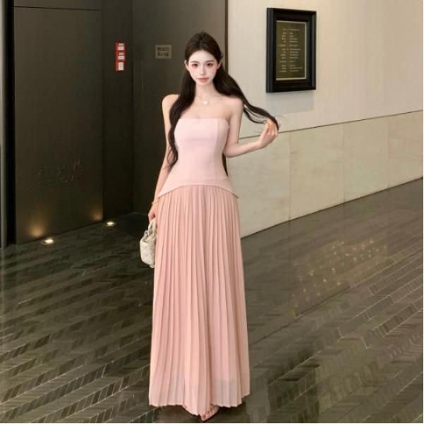 여성 끈 오프숄더 플리츠 롱원피스 언발란스 투웨이 쉬폰 봄 여름 하객룩 데이트룩 순수 트렌디 페미닌 고급스러운 - 상품 이미지