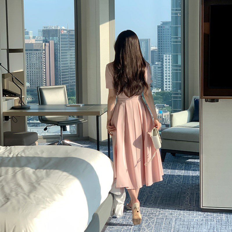 포미 와이드 오픈 카라 벨트 세트 핀턱 플레어 원피스 op16161 이미지 3