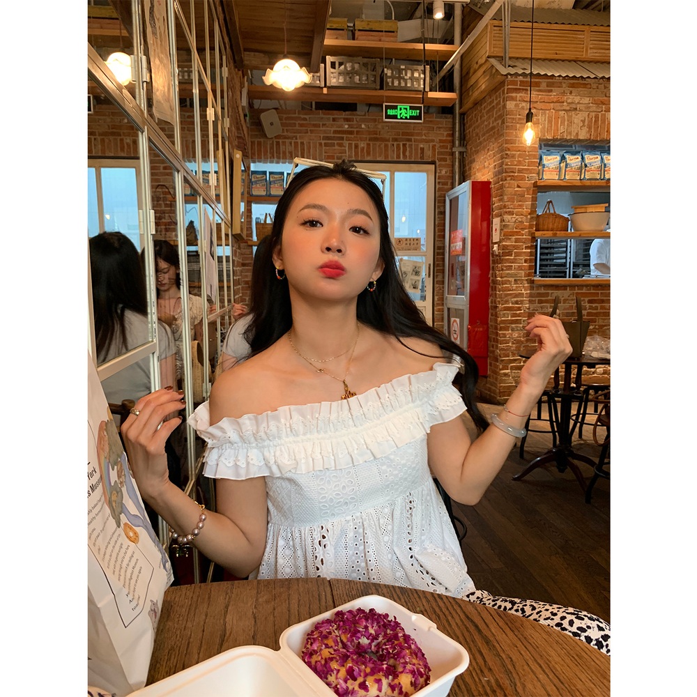 순면 오프숄더 프릴러플블라우스 펀칭 순면 레이스 청순 여름 클래식 고급 화이트 - 상세 이미지 3