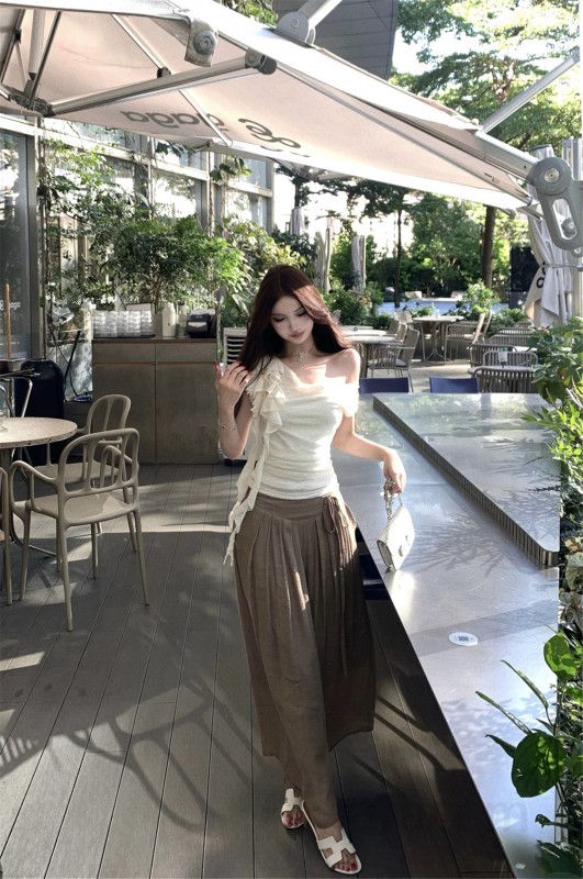 여성 셔링 오프숄더 나시 면 와이드 롱 치마바지 데일리 상하의 봄 여름 캐주얼 트렌디 코디룩 - 상세 이미지 4