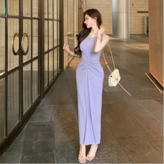 여성 우아한 키홀넥 민소매 롱원피스 허리셔링 주름 A라인 플레어 슬림핏 데이트 하객 오피스 봄 여름 - 상품 이미지