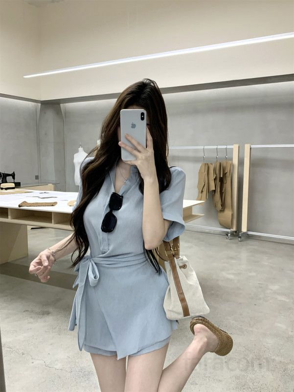 여성 린넨 반팔 카라 셔츠 벨티드 반바지 투피스 세트 여름 데일리룩 휴양지 바캉스 내추럴 루즈핏 캐주얼 썸머 코디룩 봄 여름 - 상세 이미지 4