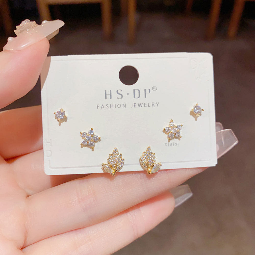 14K 큐빅 꽃잎 스터드 귀걸이 세트 예쁜 레이어드 이어링 - 상세 이미지 2