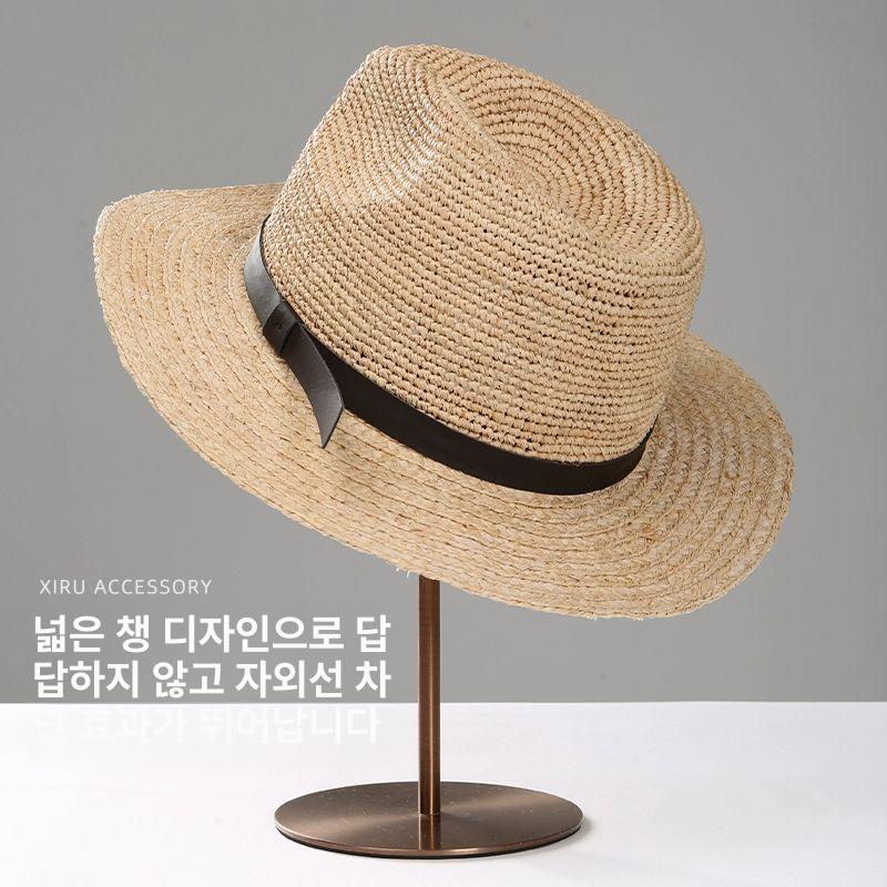 밀짚모자 유럽풍 페도라 중세 휴가모자 연예인스타일 밀짚 허브색 가죽 장식 - 상세 이미지 4