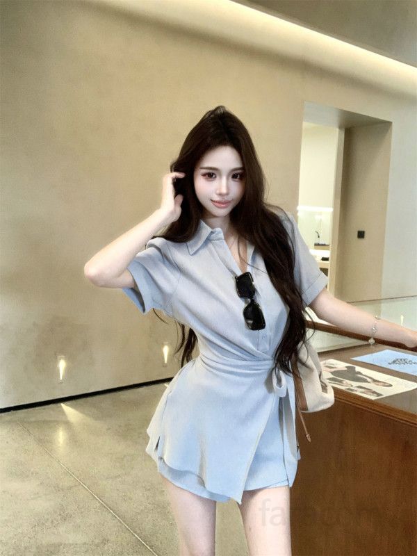 여성 린넨 반팔 카라 셔츠 벨티드 반바지 투피스 세트 여름 데일리룩 휴양지 바캉스 내추럴 루즈핏 캐주얼 썸머 코디룩 봄 여름 - 상세 이미지 2