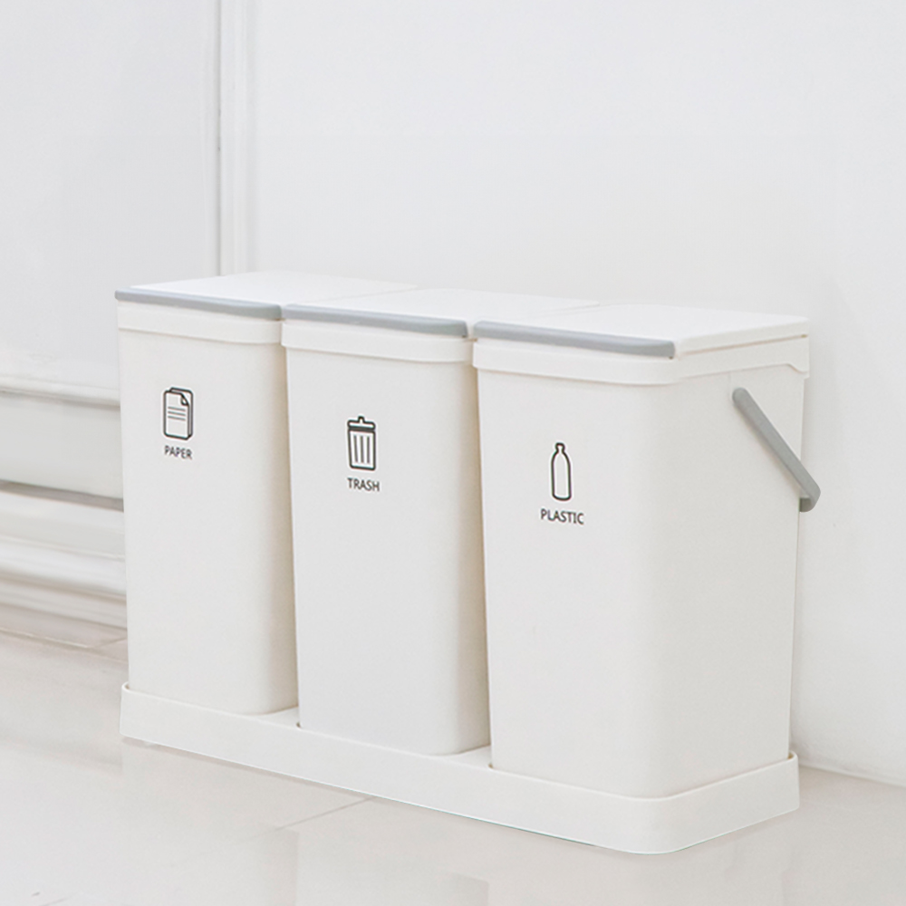 [네이버 단독] 모노플랫 3단 가정용  분리수거함 재활용 쓰레기통 그레이 스티커+전용봉투 30매