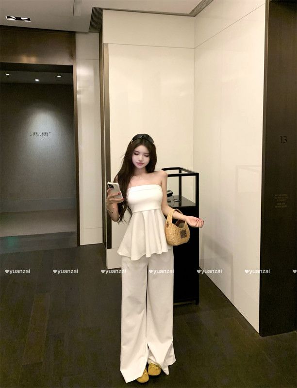 여성 튜브탑 플레어 상의 와이드 밴딩 롱팬츠 투피스 세트 여름 데일리 리조트룩 바캉스룩 편안한 캐주얼 상하의 코디 세트 - 상세 이미지 4