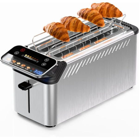 [해외]WHALL 롱 슬롯 4 슬라이스 토스터, 투사 디스플레이가 있는 터치 스크린 1.5인치 와이드 슬롯, 5가지 빵 종류 및 11가지 그늘 설정, 디지털 타이머, 워밍 랙, 부