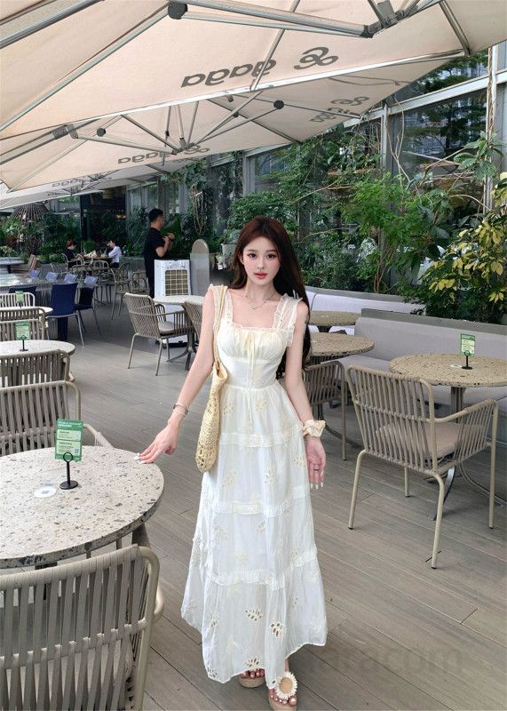 여성 스퀘어넥 민소매 A라인 롱 플레어 원피스 하이웨이스트 자카드 백리스 리조트룩 봄 여름 - 상세 이미지 2
