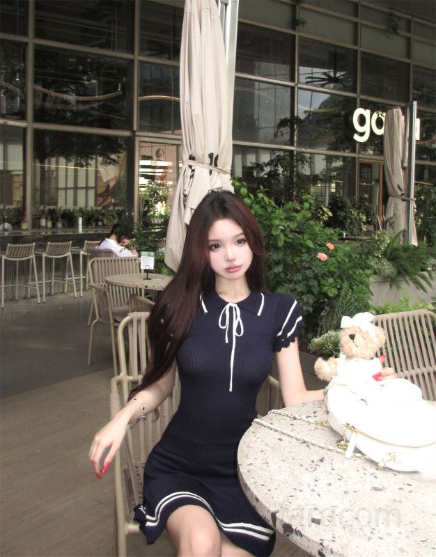 여성 세일러카라 슬림핏 니트 미니 원피스 반팔 플레어라인 데이트룩 오피스룩 캐주얼 봄 여름 - 상세 이미지 3