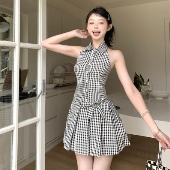 여성 홀터넥 고급스러운 프렌치 민소매 플리츠 폴로카라 체크 하이웨이스트 A라인 미니 셔츠 원피스 봄 여름 - 상품 이미지