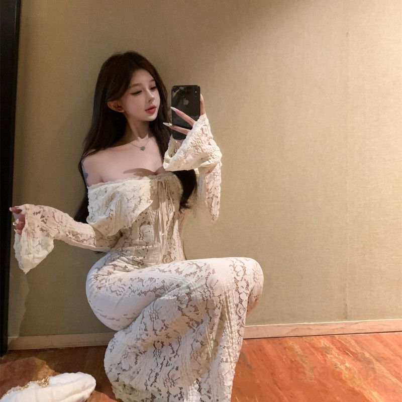 여성 오프숄더 레이스 롱원피스 슬림핏 플레어 벨소매 긴팔 드레스 휴양지룩 바캉스룩 파티룩 우아한 여름 원피스 - 상세 이미지 5