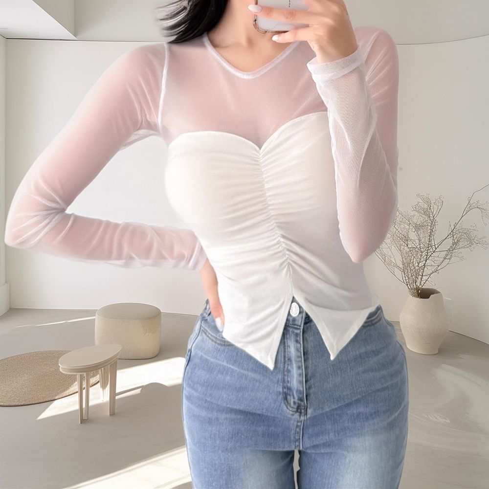 블레샤 망사 트임 셔링 티셔츠 AC1133 - 상품 이미지