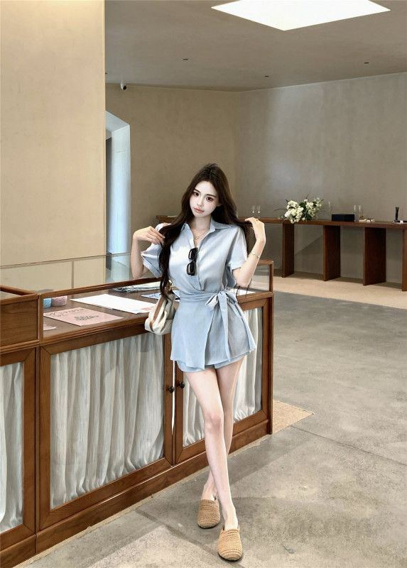 여성 린넨 반팔 카라 셔츠 벨티드 반바지 투피스 세트 여름 데일리룩 휴양지 바캉스 내추럴 루즈핏 캐주얼 썸머 코디룩 봄 여름 - 상세 이미지 5