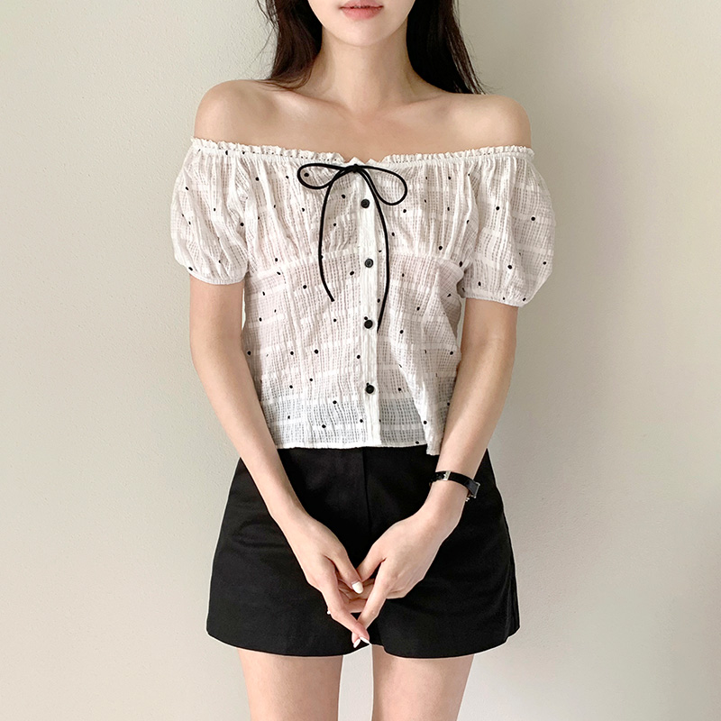 마이린 도트 리본 시어서커 크롭 블라우스 bs8317 - 상세 이미지 2