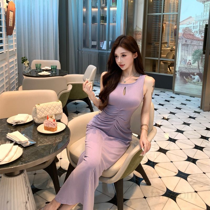 여성 우아한 키홀넥 민소매 롱원피스 허리셔링 주름 A라인 플레어 슬림핏 데이트 하객 오피스 봄 여름 - 상세 이미지 4