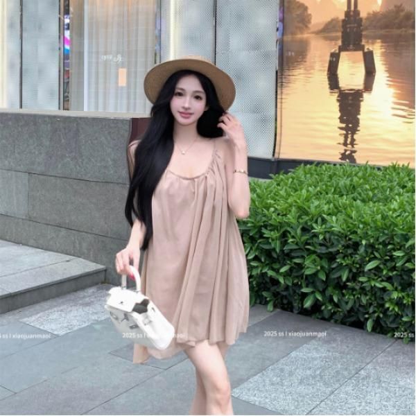 여성 카키 A라인 루즈핏 민소매 슬립 뷔스티에 원피스 주름 바캉스 휴가 비치웨어 데일리 데이트룩 봄 여름 - 상품 이미지