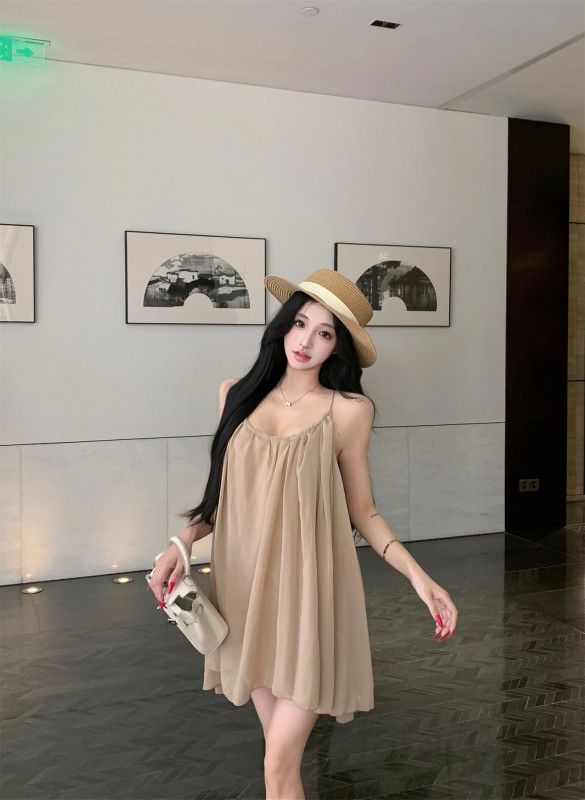 여성 카키 A라인 루즈핏 민소매 슬립 뷔스티에 원피스 주름 바캉스 휴가 비치웨어 데일리 데이트룩 봄 여름 - 상세 이미지 2