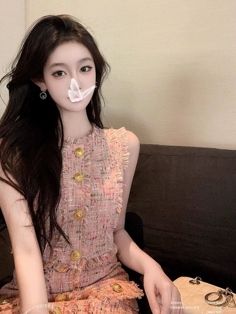 여름 트위드 민소매 크롭상의 미니스커트 투피스 결혼식하객룩 상의 핑크조끼 - 상세 이미지 2