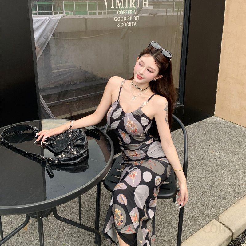 여성 유넥 스트랩 민소매 A라인 롱 원피스 고급스러운 3D패턴 프린트 슬림핏 봄 여름 데일리 바캉스룩 - 상세 이미지 5