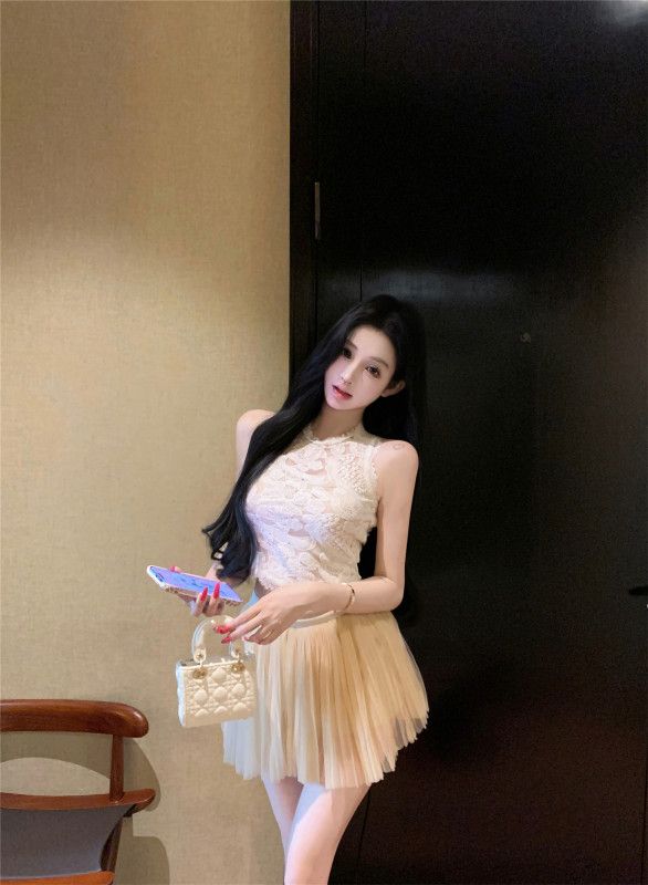 여성 라운드넥 레이스 민소매 크롭 메쉬 캉캉 스커트팬츠 투피스 코디세트 봄 여름 - 상세 이미지 3