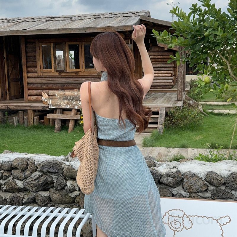 여성 홀터넥 스카프넥 격자 패턴 오간자 시스루 주름 언발란스 A라인 민소매 미니 원피스 청순 여리핏 고급스러운 여름 바캉스 데이트룩 캠퍼스룩 봄 여름 - 상세 이미지 5
